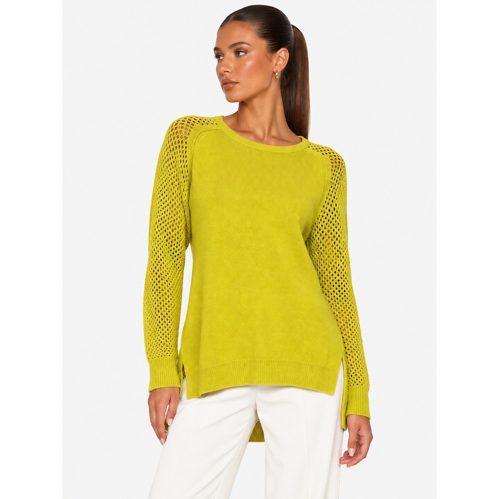 Theory Wool Open Knit Mesh Back Sweater Chartreuse Yellow S